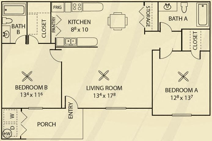 Floor plan for 2 beds, 2 baths, 970 sqft